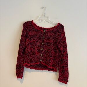 Vintage Rico Cropped Cardigan Sweater Red Black Marled Knit Ruffled Button